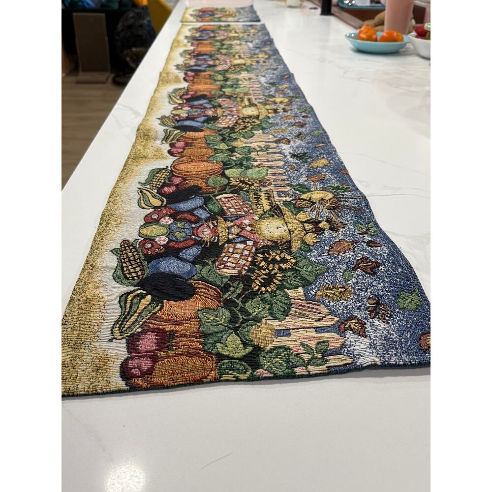 Rustic Fall Harvest Tapestry Runner Scarecrow Pumpkin Buffet Accent Mat Set 2 Pc